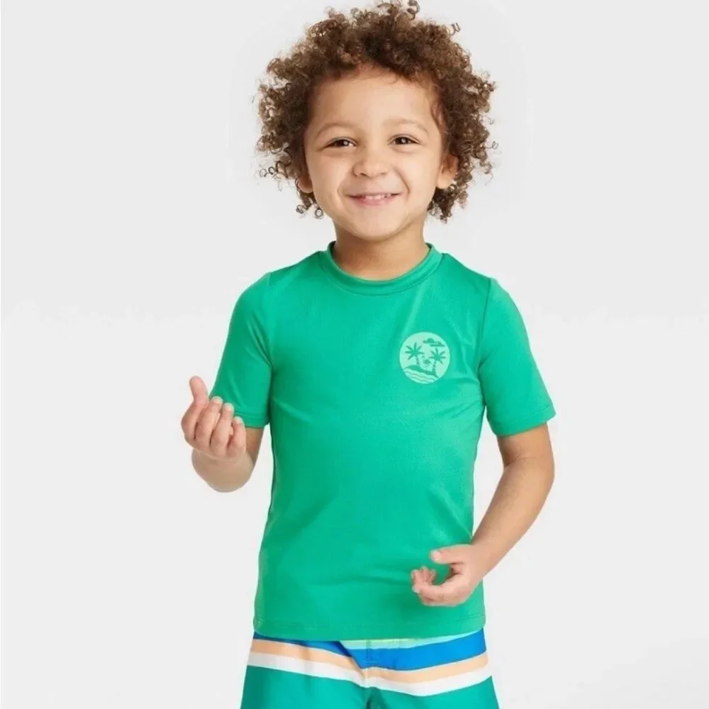 Cat & Jack Infant Rash Guard Sun Protection Tee Shirt Green Palm Tree 18 M